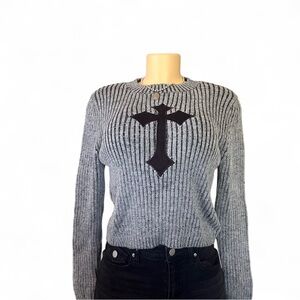 Gray Ribbed Sweater with Black Cross Design